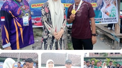 Kanan Perwakilan Kormi NTB Lalu H Marta Dinata, Tengah Rektor UNU NTB Dr.Baiq Mulianah.M.Pd.I. Kiri pemenang kategori Tunggal Putra Syahroni, M.Fis. (abi).